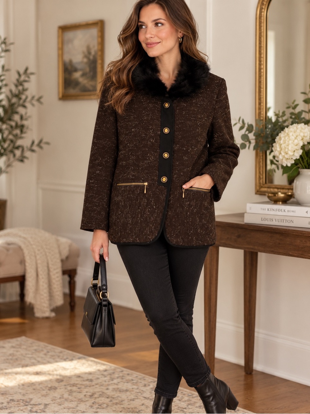 Vivianne Petite Vintage Brown Wool Blend Coat Detachable Fur Collar Made Canada